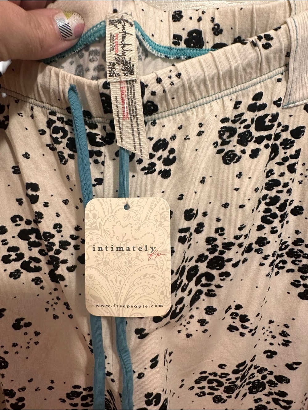 Free People Beige Wide-Leg Drawstring Pants with Black Floral Print - Picture 2 of 5